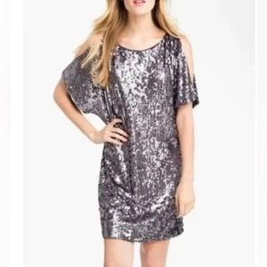 Aidan Mattox Sequin Cold Shoulder Mini Shift Dress Silver, 8.